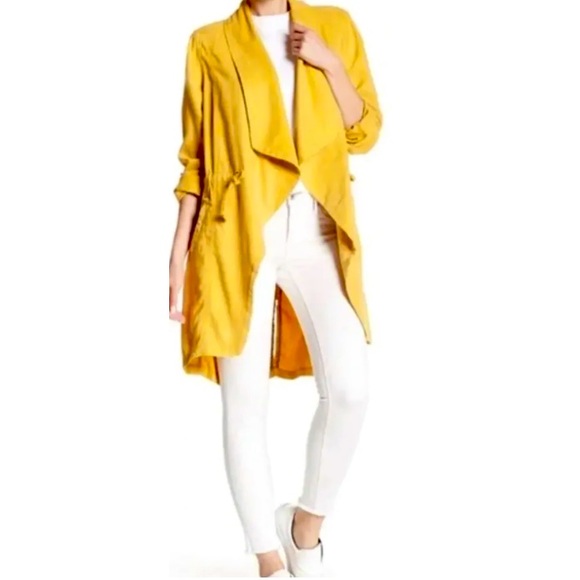 Max Jeans Draped Jacket in Mustard Yellow, Fall Trench Coat, Open Tie Front Coat - Picture 1 of 13